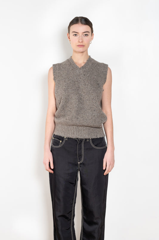 The High V-Vest by 6397 is a sleeveless vest in an almost silk-like soft speckled wool