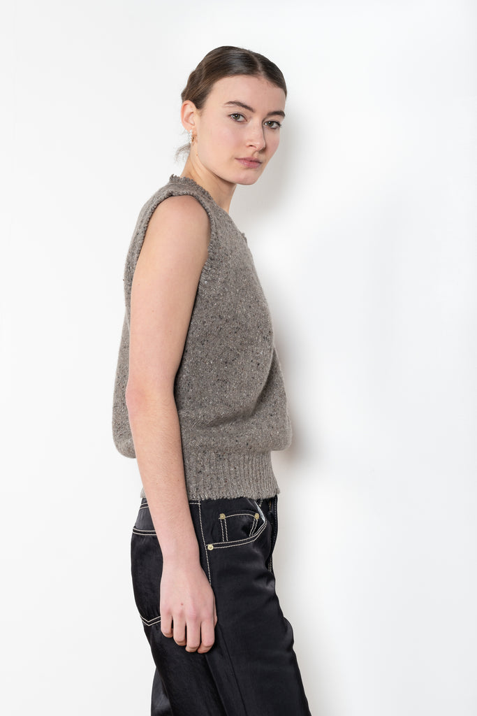 The High V-Vest by 6397 is a sleeveless vest in an almost silk-like soft speckled wool