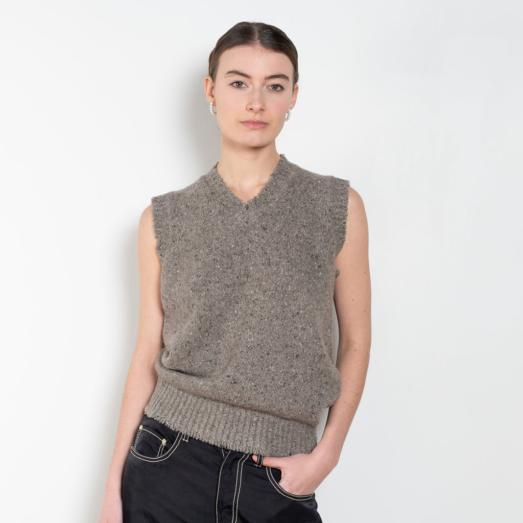 The High V-Vest by 6397 is a sleeveless vest in an almost silk-like soft speckled wool