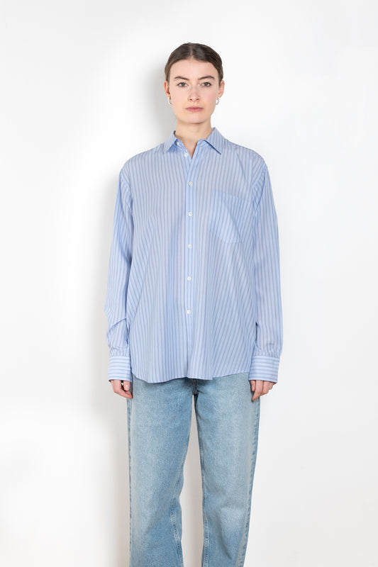 The Ruched Biggie Shirt by 6397 is a signature striped oversized shirt in a soft fluid tencel