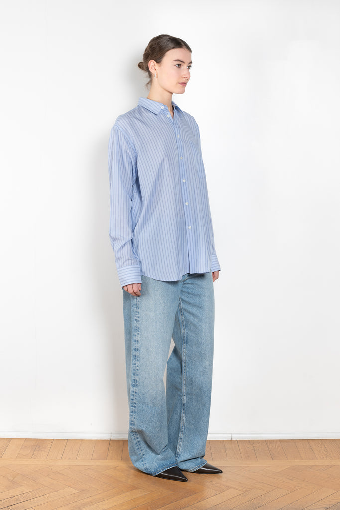 The Ruched Biggie Shirt by 6397 is a signature striped oversized shirt in a soft fluid tencel