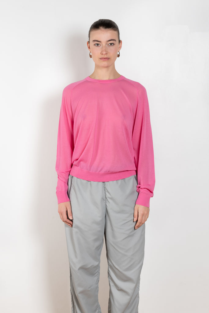 The Sheer Crew by 6397 is a bubblegum loose top in a fine sheer knit