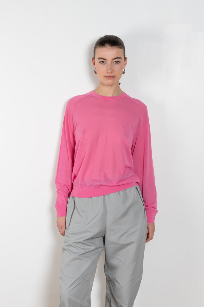 The Sheer Crew by 6397 is a bubblegum loose top in a fine sheer knit