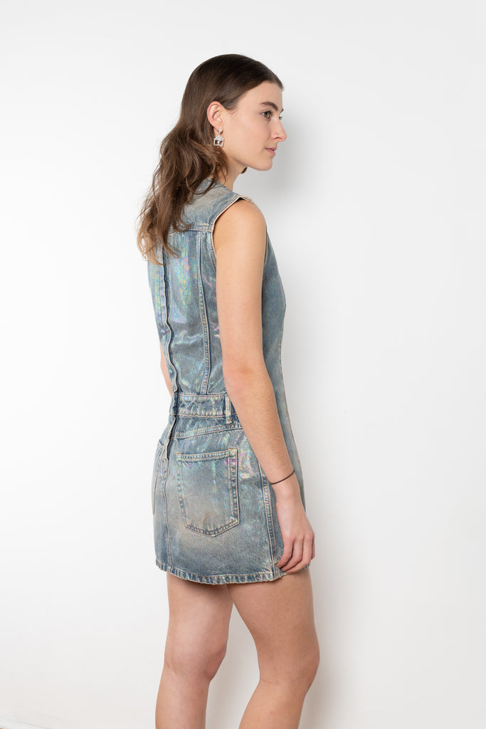 The Coated Denim Dress by Acne Studios is a sleeveless cotton denim twill dress with an iridescent and coated finish