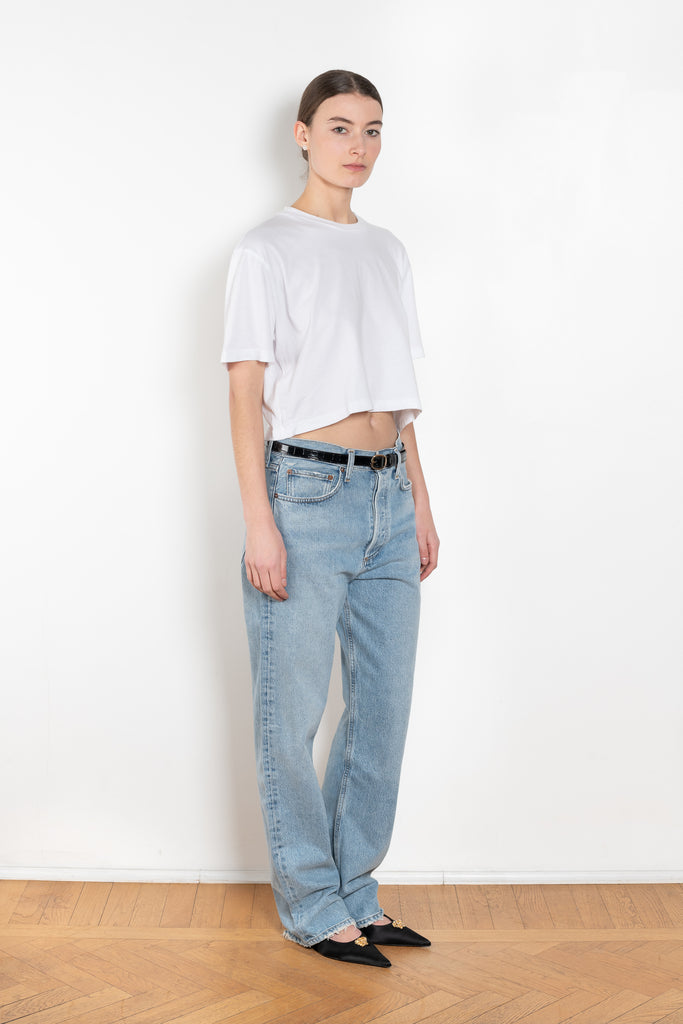 The Anya Tee by Agolde features an easy boxy fit, a slightly cropped body hitting right at the waist