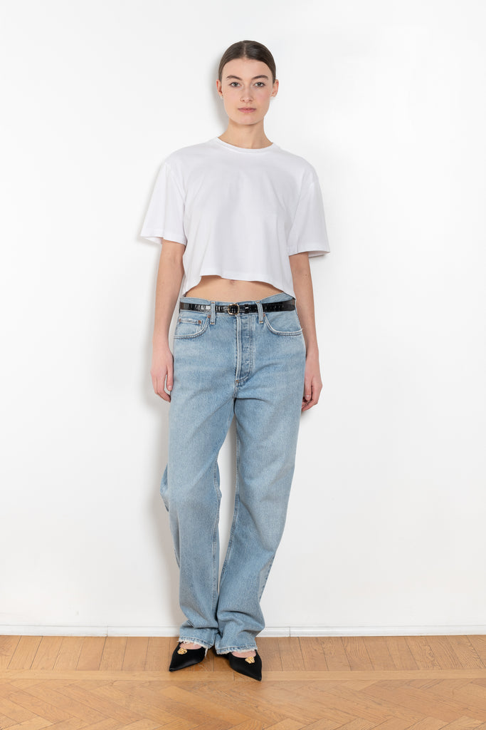 The Anya Tee by Agolde features an easy boxy fit, a slightly cropped body hitting right at the waist