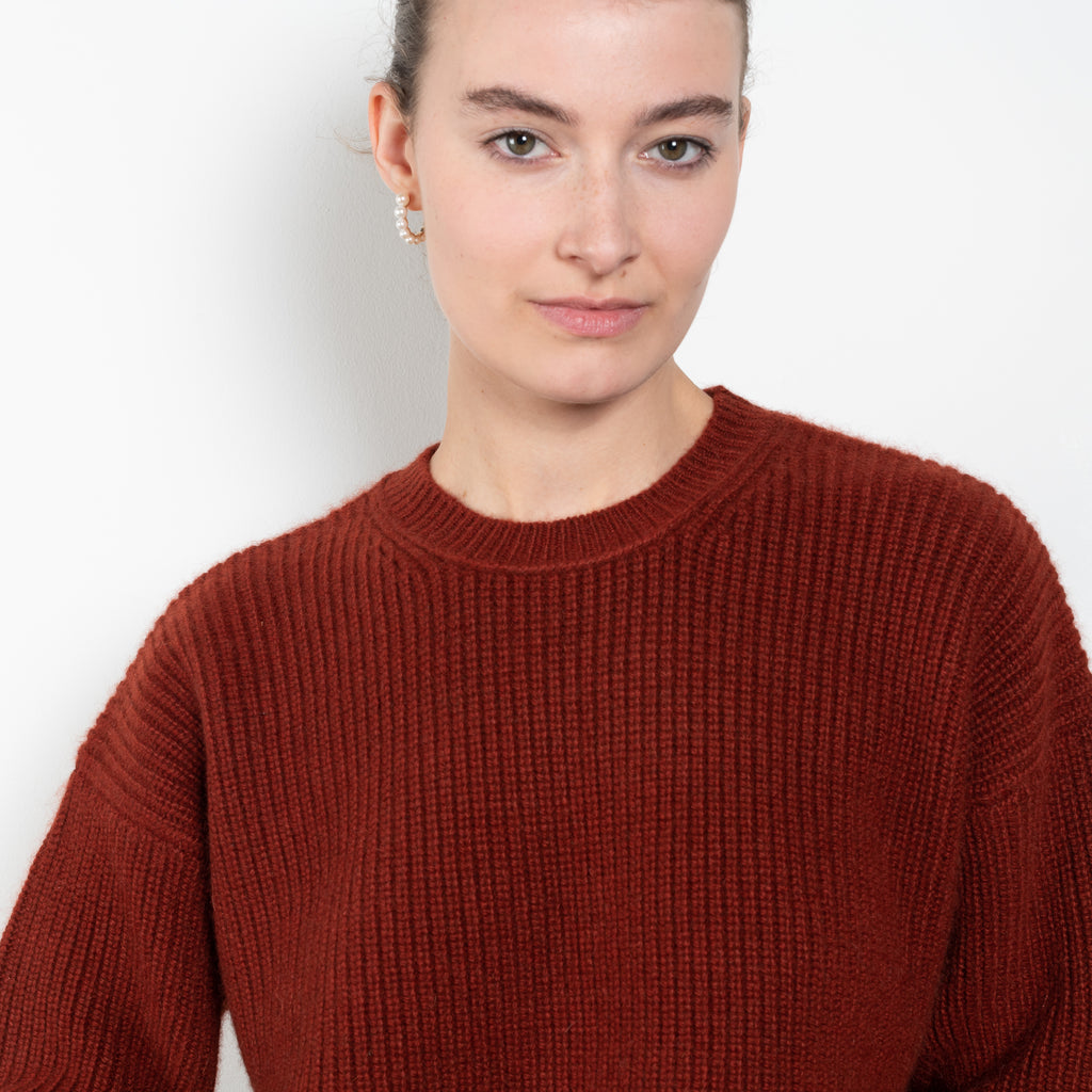 The Esther Sweater by Alexandra Golovanoff is a thick cashmere sweater wit a ribbed pattern