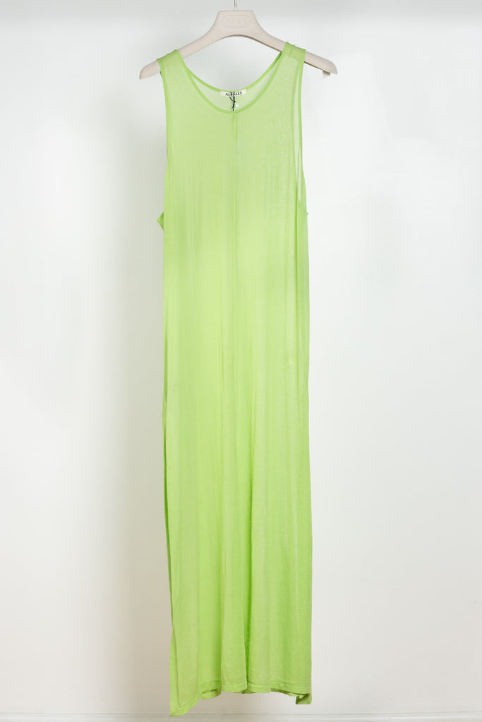 &nbsp;The Gauze Dress by Auralee is a ultra fine summer dress in a lime green sheer cotton jersey 