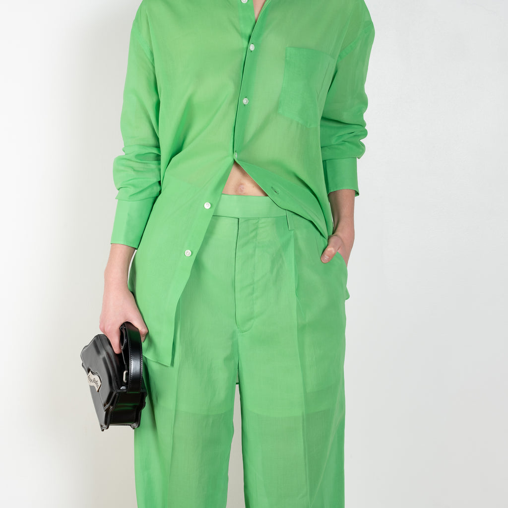 The Organdy Pants by Auralee is a very fine and lightweight trouser in a bright green sheer cotton voile