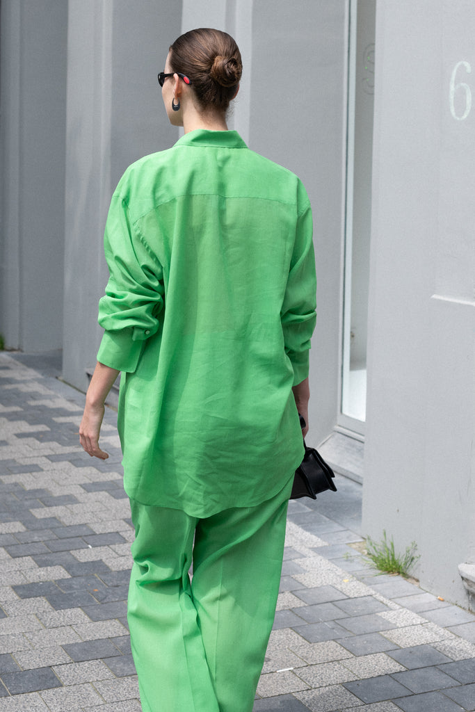 The Organdy Shirt by Auralee is a very fine and lightweight shirt in a bright green sheer cotton voile