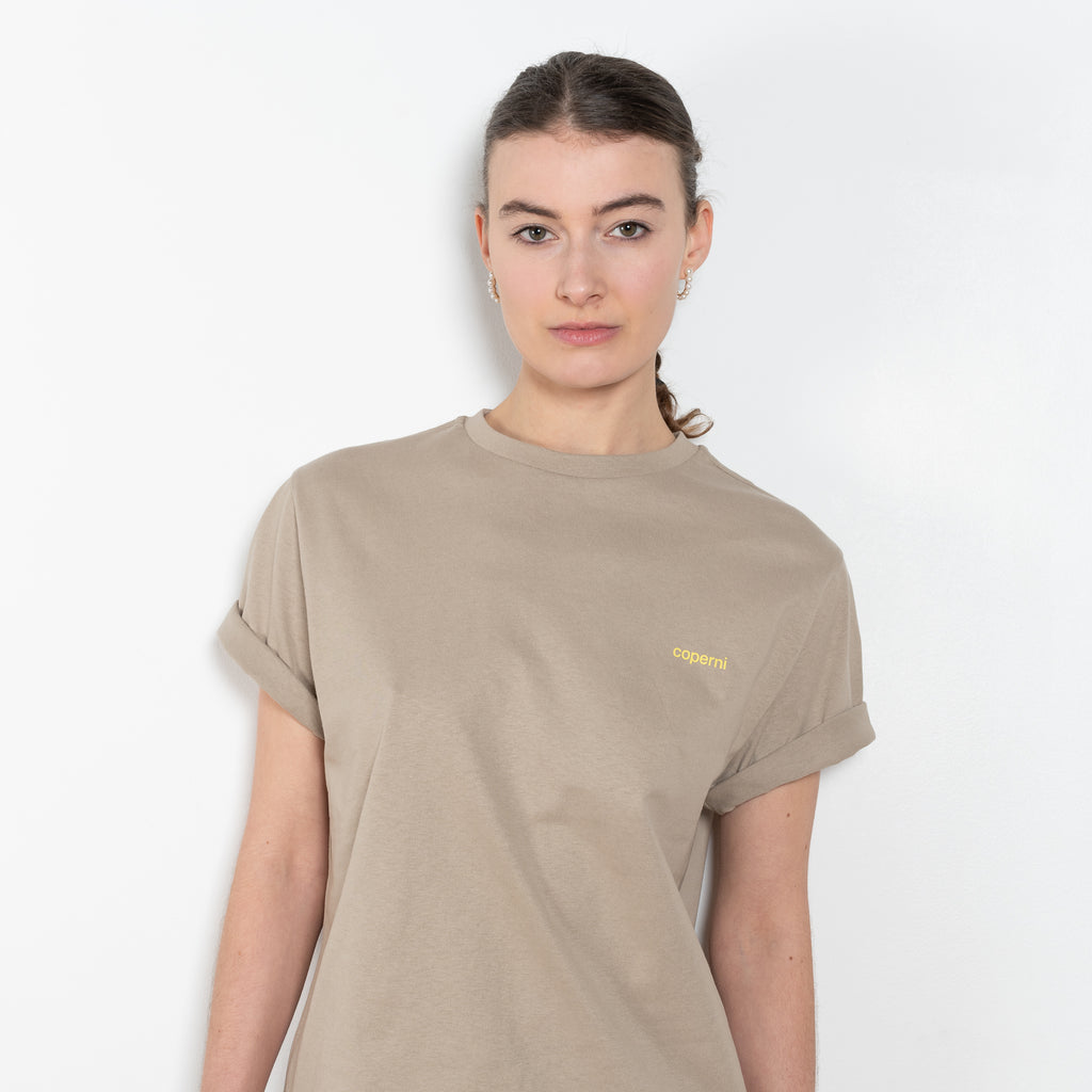 The Logo Boxy T-Shirt by Coperni is a signature relaxed Tee with a small slanted Coperni Logo on the front