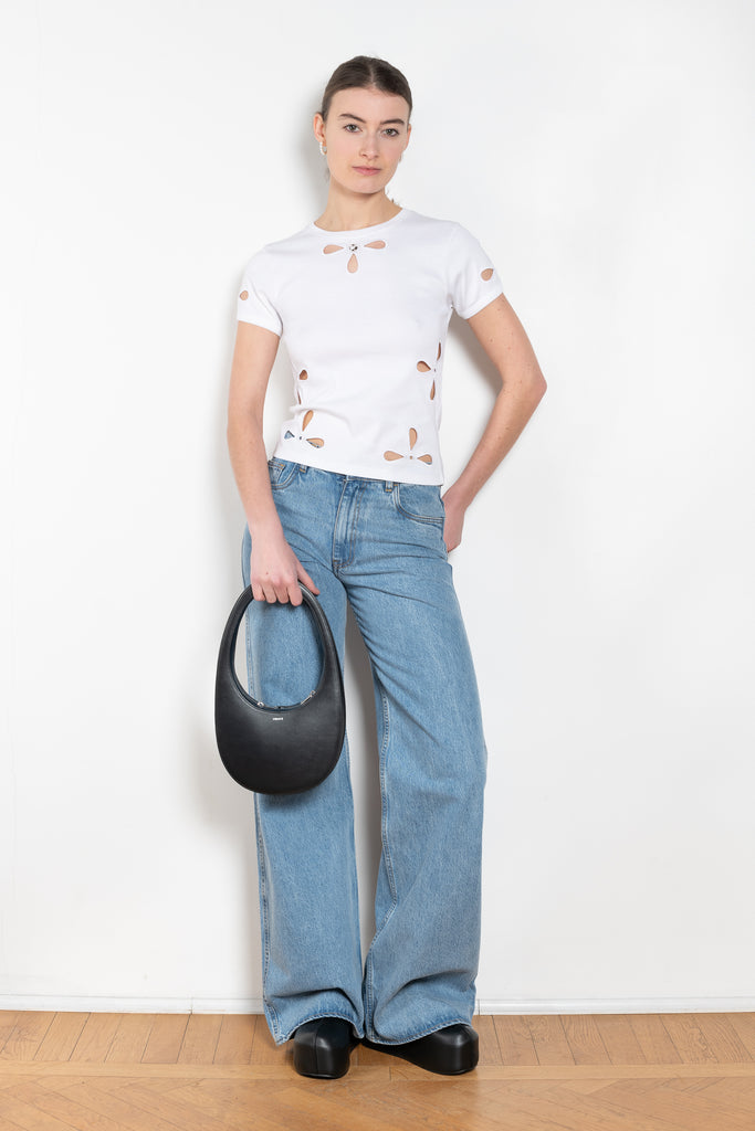 The Petal Embroidered Tshirt by Coperni is a fitted Tee with a small Coperni logo and seasonal petal cut-outs