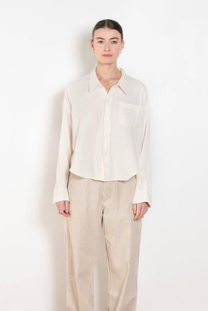 The Cropped Shirt By Denimist is a boxy loose cotton gauze button up shirt