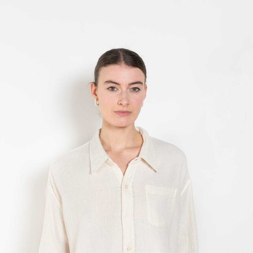 The Cropped Shirt By Denimist is a boxy loose cotton gauze button up shirt