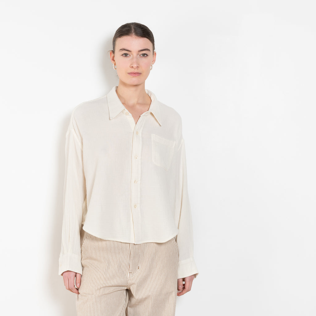 The Cropped Shirt By Denimist is a boxy loose cotton gauze button up shirt