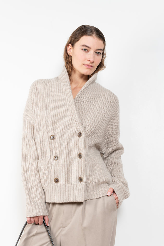 The Annalike Cardigan Jacket by Lisa Yang is a cardigan vest in a fisherman ribbed cashmere with a shawl-neck collar