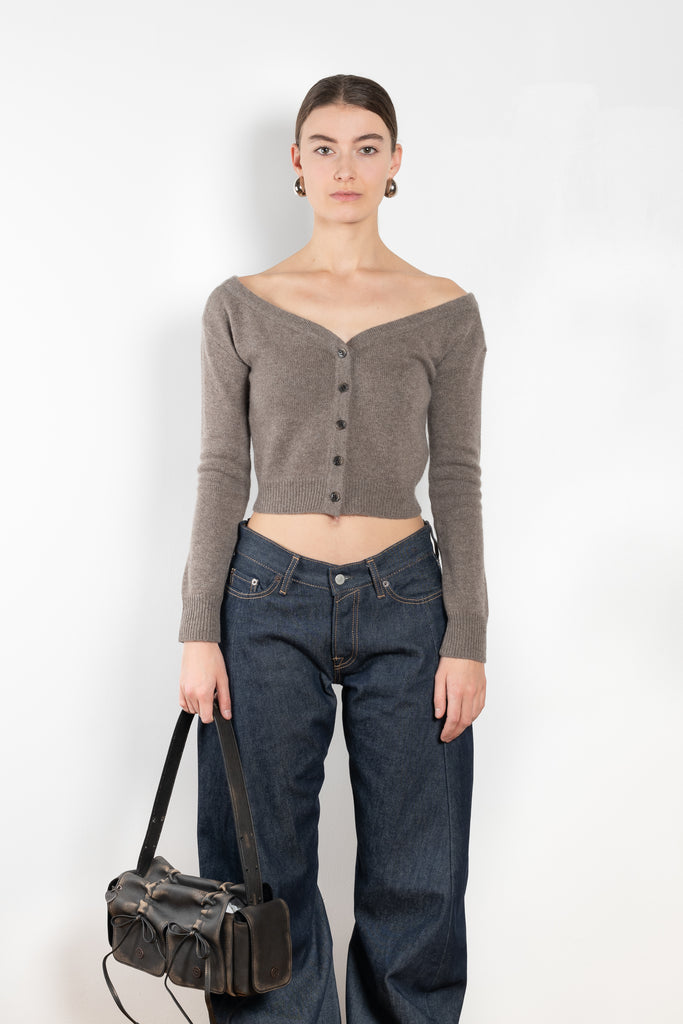 The Beata cardigan by LISA YANG is an off-the-shoulder cashmere cardigan with a cropped fitted silhouette