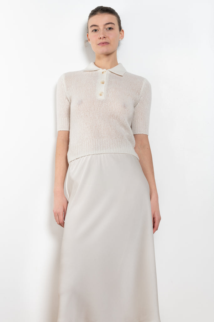 The Midi Skirt by LISA YANG in a double georgette woven silk, has a midi-length, slightly flared silhouette with an elasticated pull-on waistband