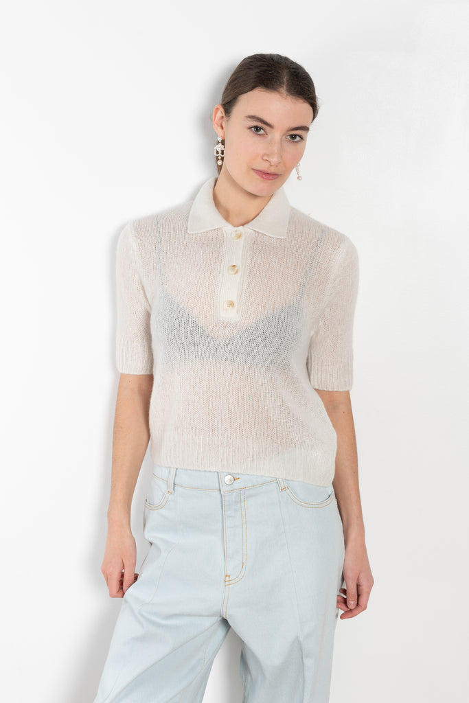 The Masy Sweater by Lisa Yang is a polo inspired knit with a boxy fit in a soft textured cashmere silk blend