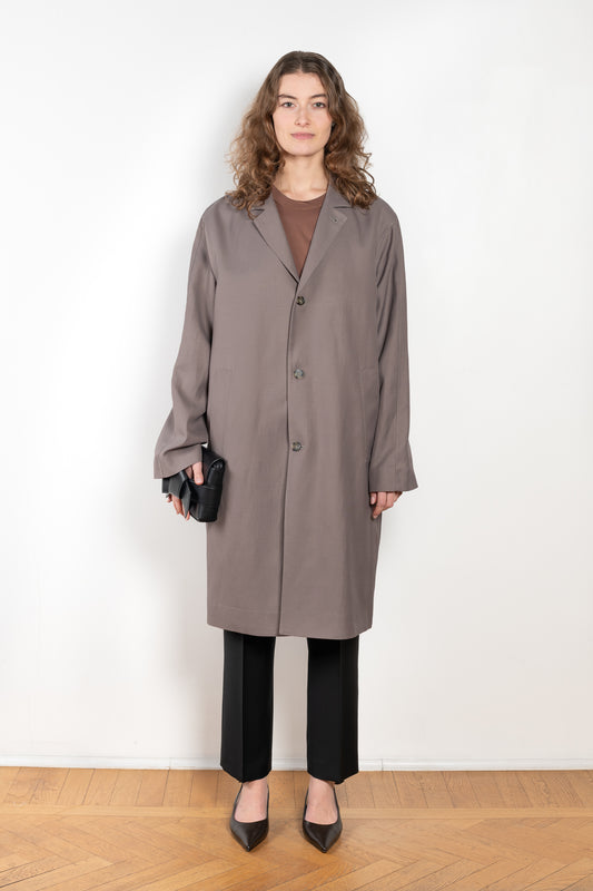 The Menja Coat by Loulou Studio is a relaxed summer coat with minimal lines in a linen and viscose blend