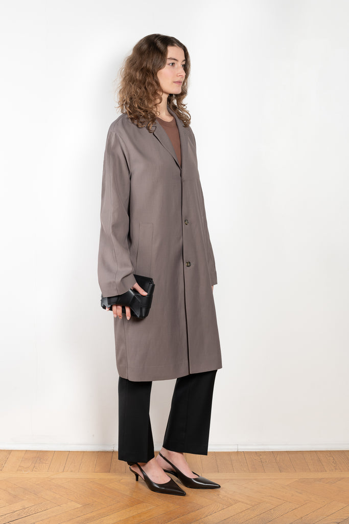 The Menja Coat by Loulou Studio is a relaxed summer coat with minimal lines in a linen and viscose blend