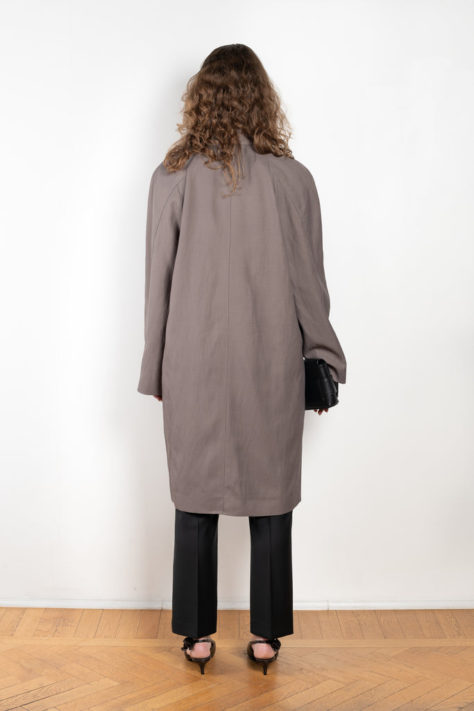 The Menja Coat by Loulou Studio is a relaxed summer coat with minimal lines in a linen and viscose blend