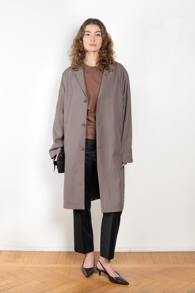 The Menja Coat by Loulou Studio is a relaxed summer coat with minimal lines in a linen and viscose blend