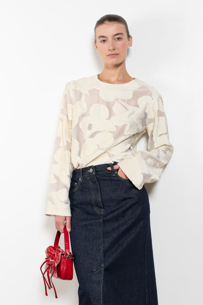 The Ophelia Top by Loulou Studio is an elegant top with wide sleeves in a velvet floral devore