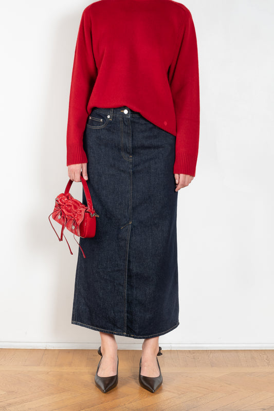 The Rona Skirt by Loulou Studio is a mid rise jeans skirt with a straight silhouette