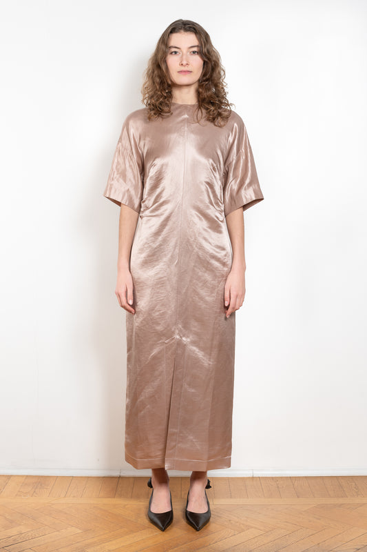 The Ruby Dress by Loulou Studio is an elegant short sleeved fitted dress in a silk satin fabric