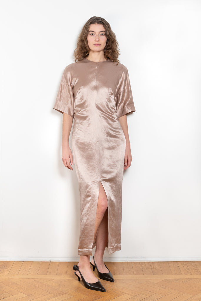 The Ruby Dress by Loulou Studio is an elegant short sleeved fitted dress in a silk satin fabric