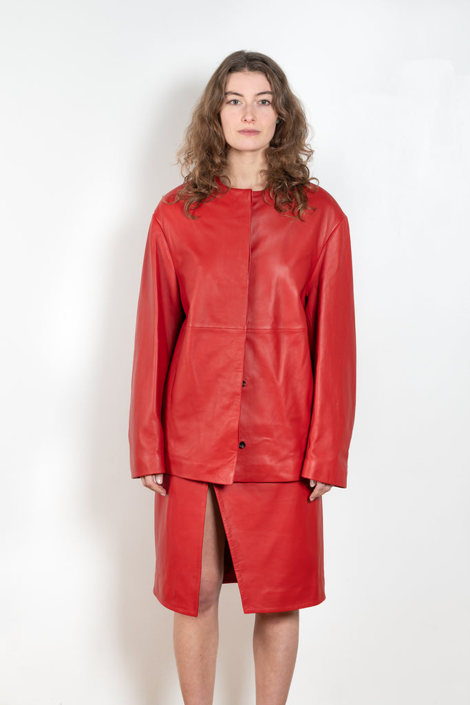 The Atalia Coat by Loulou Studio is a round neck coat with invisible closure in a fine lambskin leather