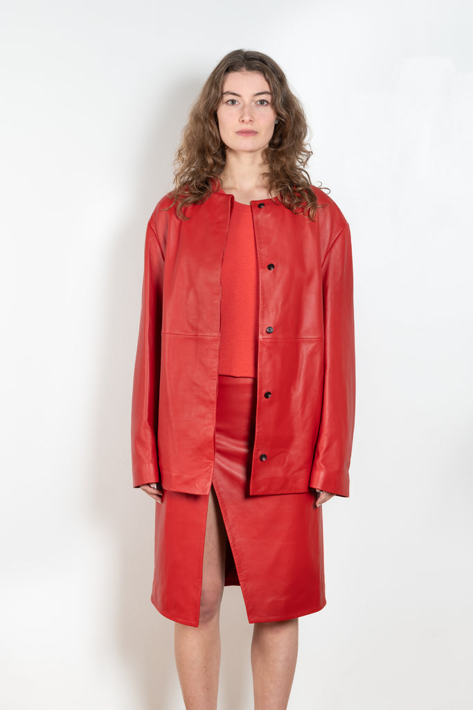 The Atalia Coat by Loulou Studio is a round neck coat with invisible closure in a fine lambskin leather