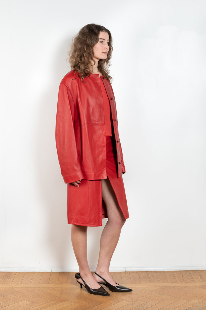 The Atalia Coat by Loulou Studio is a round neck coat with invisible closure in a fine lambskin leather