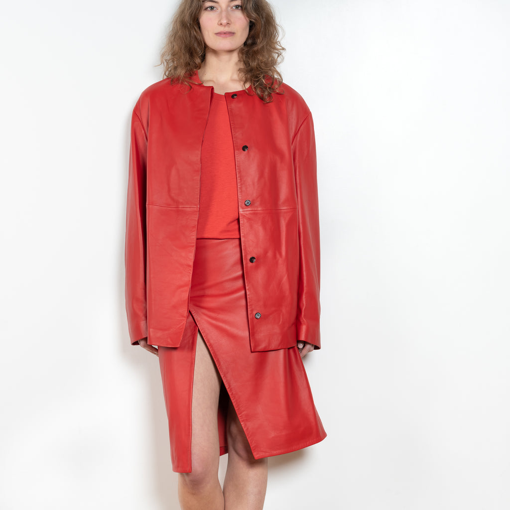 The Atalia Coat by Loulou Studio is a round neck coat with invisible closure in a fine lambskin leather