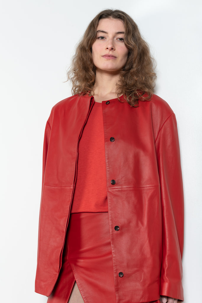 The Atalia Coat by Loulou Studio is a round neck coat with invisible closure in a fine lambskin leather