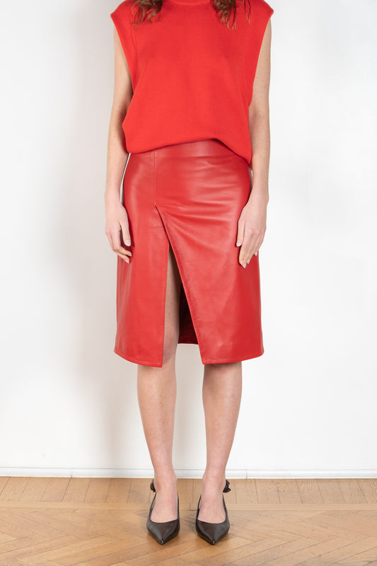 The Ekare Skirt by Loulou Studio is a mid waist slit skirt in a fine lambskin leather