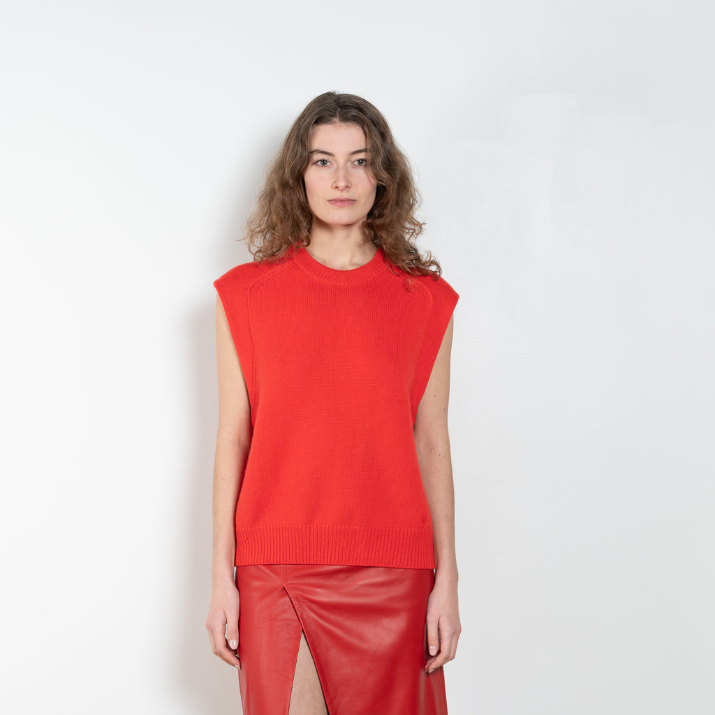 The Mari Top by Loulou Studio has is a sleeveless top in a deep red in cashmere