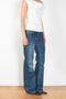 The Flare Denim by Magda Butrym is a low waist, rigid cotton denim with elongated flare legs