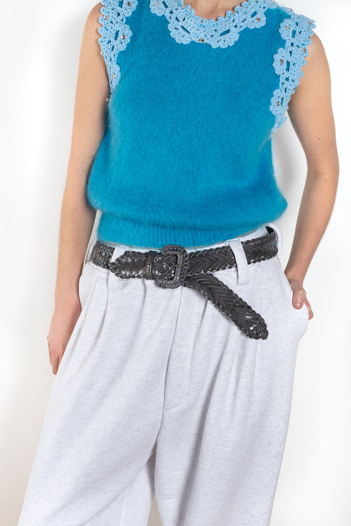 The Leather Belt by Meryll Rogge is  a signature braided belt with assymetrical length detailing