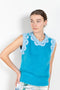 The Crochet Vest by Meryll Rogge is a showstopping runway piece, a sleeveless vest in a blue mohair with embellished crochet details