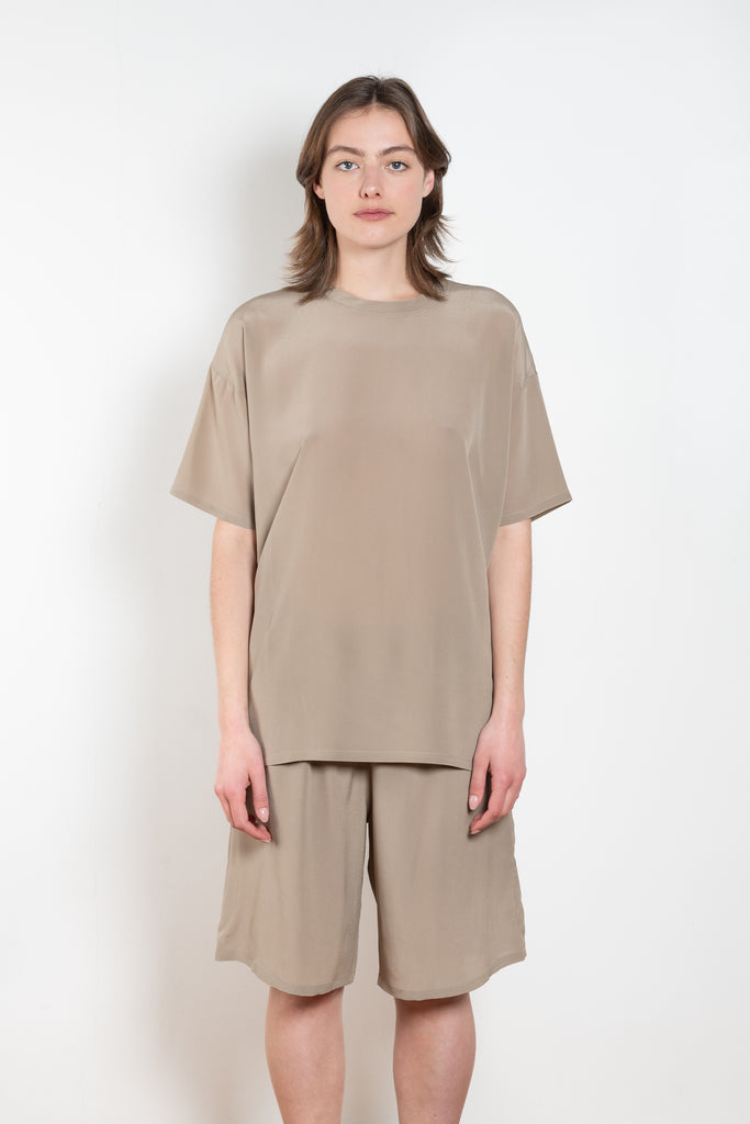 The Lol Mini Short Sleeve Top by Monique Van Heist is a short sleeved silk top with a round collar