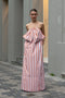 The Dance Floor Gown by Nackiye is a striped bustier dress with a front bow and a back slit