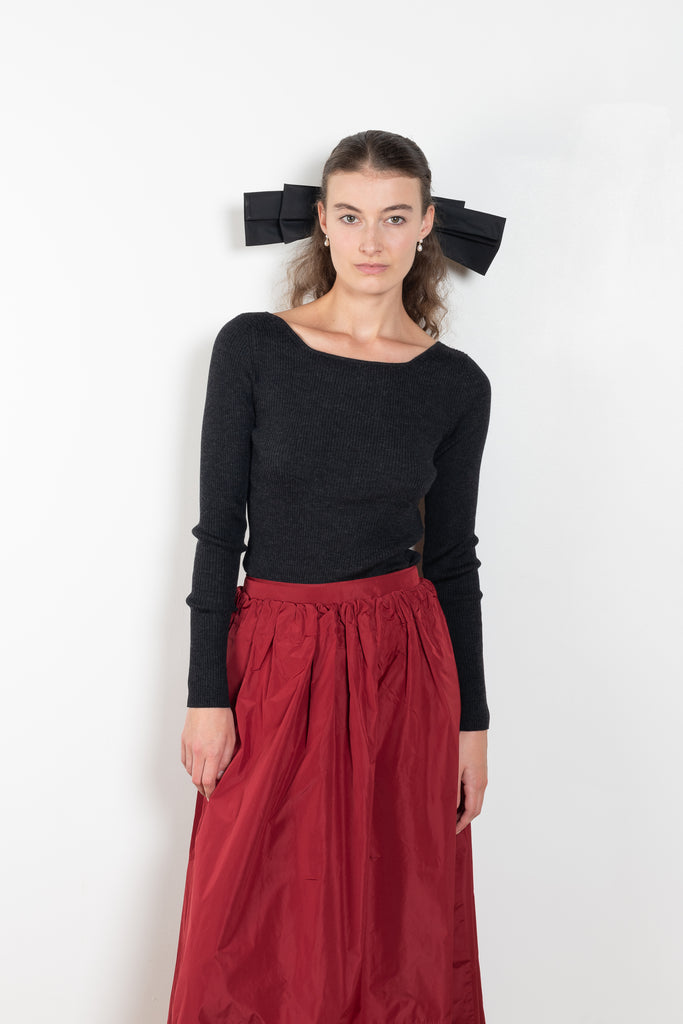 The Dancer Knit Top by Nackiye is a fine rib top with an open back and grosgrain bow ties on the back
