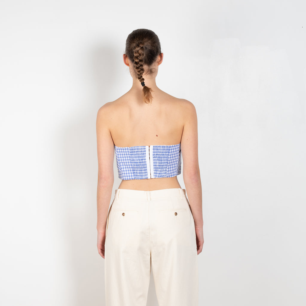 The Forbidden Bustier by Nackiye is a cotton bustier top with a corset finish in a blue vichy check