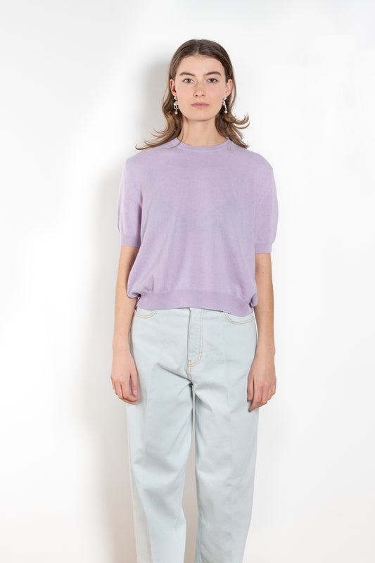 The Pearl Top by Nackiye is a crew neck short sleeved sweater in a lightweight cashmere with lightly ribbed sleeve hems and bottom hem and an embroidered ’N’ hallmark