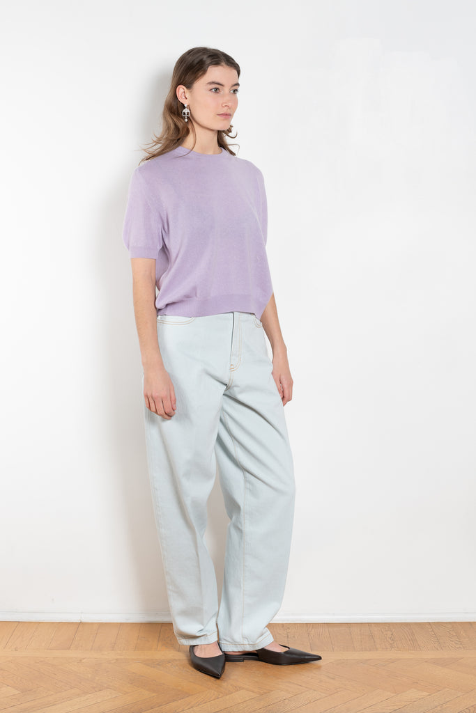 The Pearl Top by Nackiye is a crew neck short sleeved sweater in a lightweight cashmere with lightly ribbed sleeve hems and bottom hem and an embroidered ’N’ hallmark