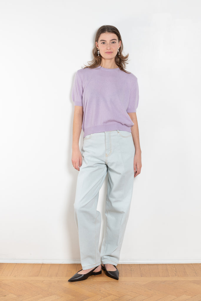 The Pearl Top by Nackiye is a crew neck short sleeved sweater in a lightweight cashmere with lightly ribbed sleeve hems and bottom hem and an embroidered ’N’ hallmark