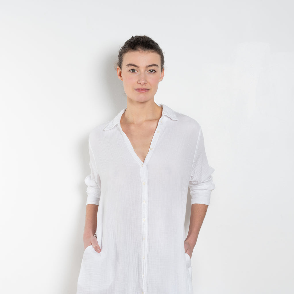 The Boden Dress by Xirena is a relaxed long shirtdress in a soft cotton gauze